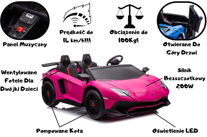 Lamborghini Aventador SV Na Akumulator Różowy Dla Dwójki Dzieci XXL